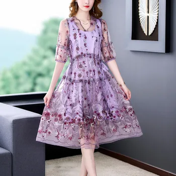 Фиолетовое сексуальное платье миди с V-образным вырезом и цветочной вышивкой, летнее модное легкое пляжное платье в стиле бохо, женское Корейское элегантное свободное платье Изображение