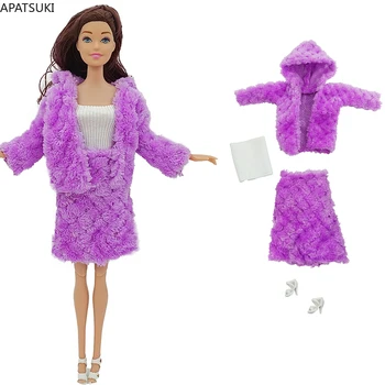 Фиолетовые меховые наряды для куклы Барби, пальто, юбки, белые топы, сандалии, Модный комплект одежды для кукол Barbie 1/6, Аксессуары и игрушки Изображение