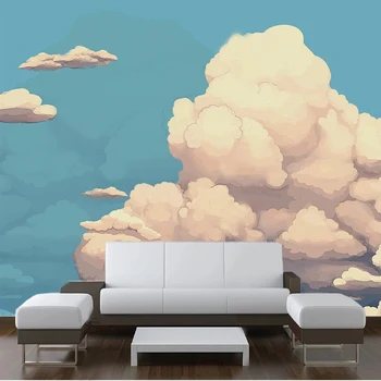 Фреска на заказ любого размера Американское простое небо Облака Детская комната для мальчиков и девочек Мультяшная Фреска Papel De Parede Infantil Decor Изображение
