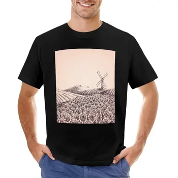 Футболка с художественным пейзажем Sunflower Hills, ветряной мельницей, ботанической иллюстрацией, летний топ, мужские графические футболки с аниме Изображение