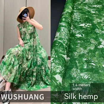 Шелковая льняная ткань, весенне-летнее модное дизайнерское платье, женская рубашка, приталенный Чонсам, Зеленая ткань, окрашенная распылением по метру Изображение