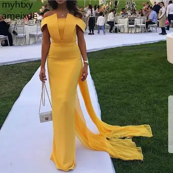 Шифоновые Желтые Вечерние Платья Длинное Вечернее платье 2023 Года Простое Вечернее Платье Abiye Dubai Размера Плюс Robe De Soiree Изображение