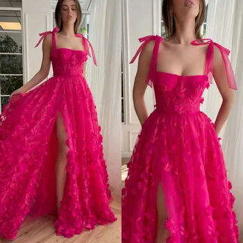 Элегантные платья для выпускного вечера цвета фуксии с кружевными разрезами и 3D цветочными аппликациями, Макси-платье на прозрачных бретелях, Вечернее платье vestido de novia Изображение